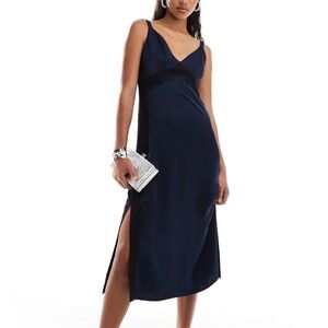 French Connection Ennis satin lace midi dress in navy. Size 6.